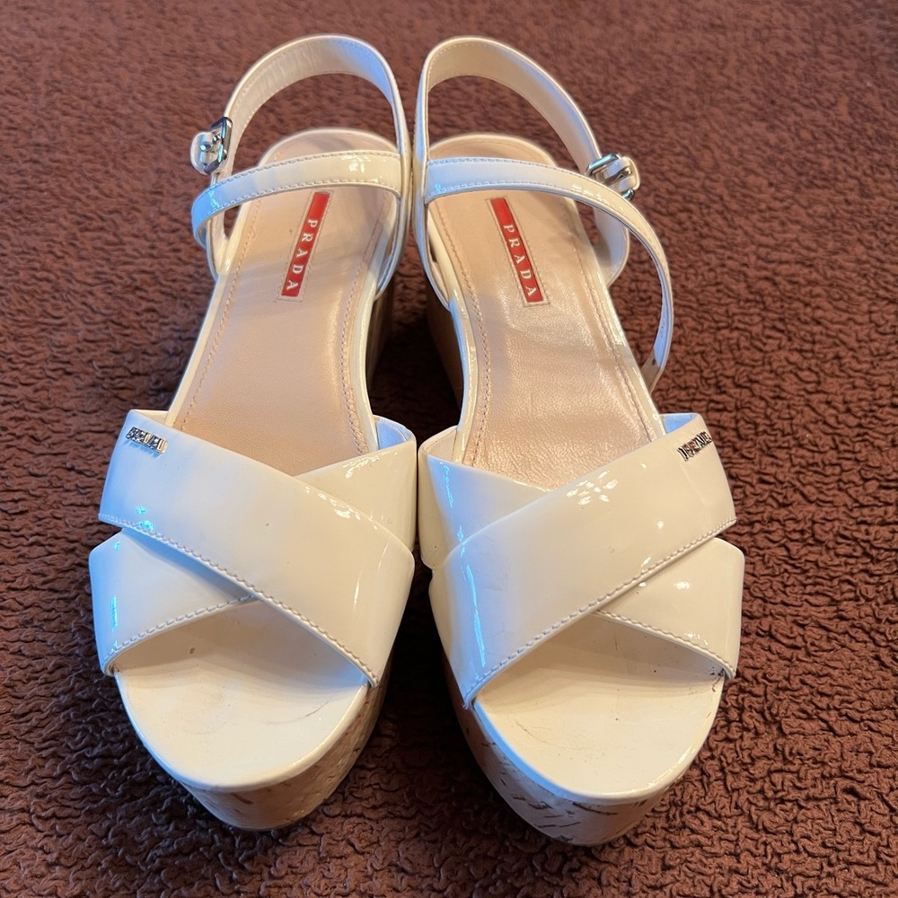 Prada, white patterned, leather sandals, cork platform heels. Size 39.